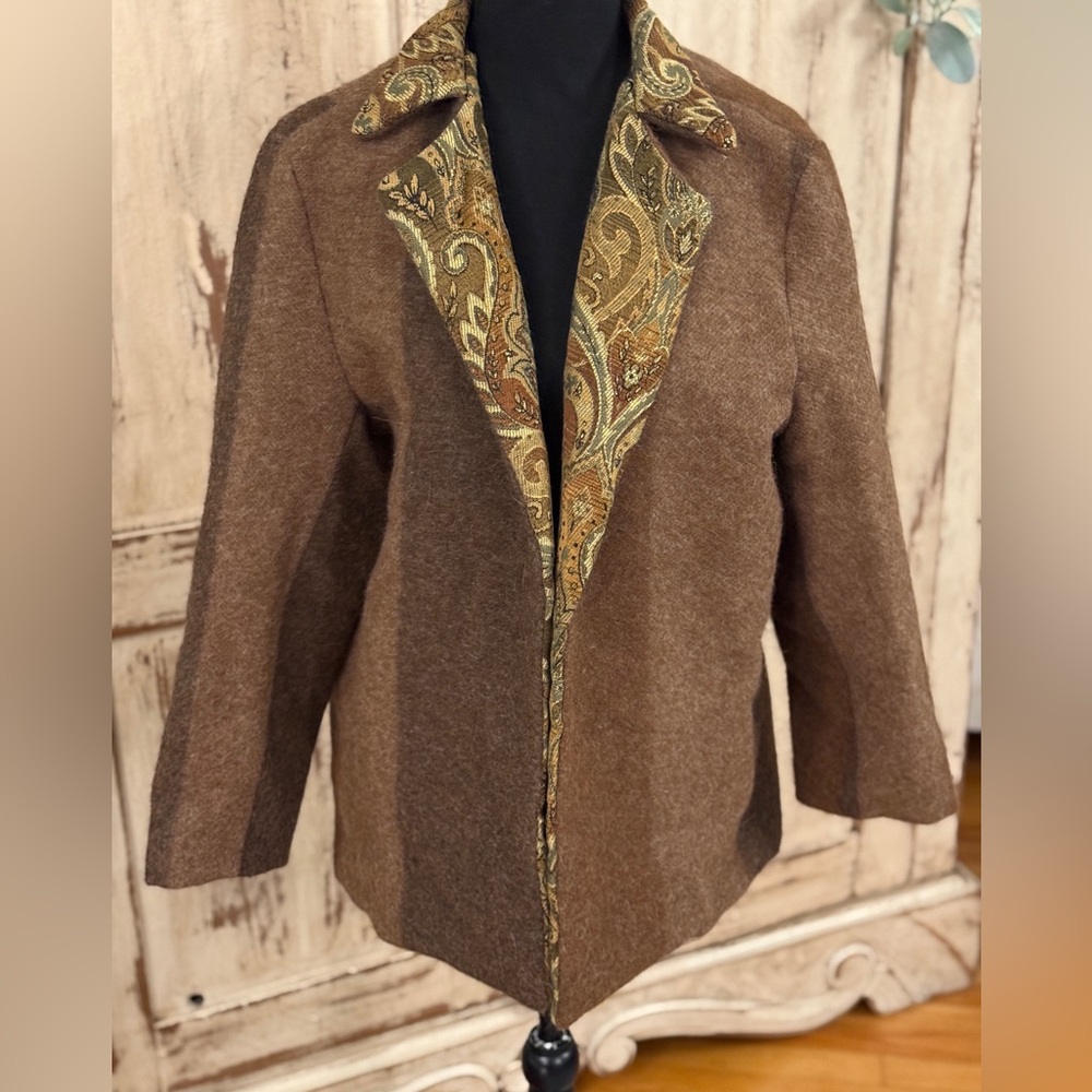 Wool tapestry mohair blend brown two tone open front coat Sz L-xL.